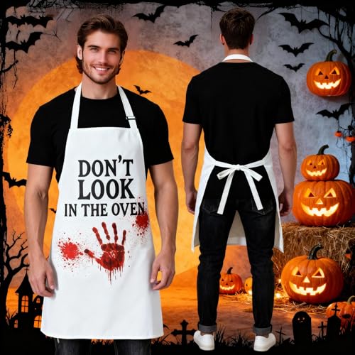 Image of Halloween Apron for Women Easy Halloween Costumes for Women and Men | Funny Scary Kitchen Gifts for Chef, Horror Bloody Adult Apron Costume for Couples with Pocket, One Size Fits Most, Off White