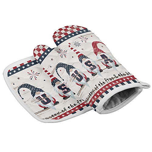 Independence Day Set of Oven Mitt and Pot Holder Vintage Cute Gnomes Heat Resistance Non-Slip Surface Oven Gloves for July 4th Holiday Star Red Blue Buffalo Check Plaid Kitchen BBQ Baking Grilling