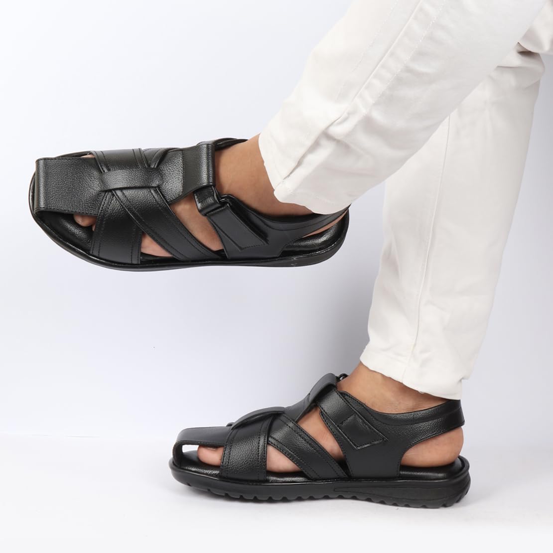 FAUSTO FST FOSMS-2060 BLACK-42 Men's Black Genuine Leather Hook & Loop Closed Toe Fisherman Roman Sandals (8 UK) 3