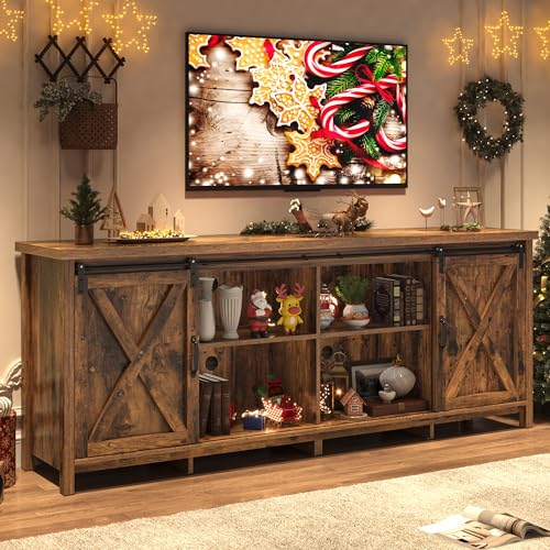 Farmhouse TV Stand for 80 Inch TV with Sliding Barn Door, Rustic Wood Entertainment Center Large Media Console Cabinet Long Television Stands,Console Table and Media Furniture for Living Room(Brown)