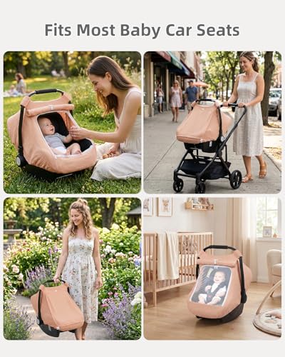 Image of Rquite Car Seat Cover Baby Girl Boy, 100% Muslin Cotton Carseat Covers, Breathable Infant Windproof Canopy with Mesh Window, Stroller Sun Shade for Summer & Hot Day, Dusty Rose