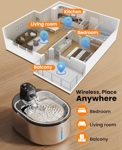 oneisall 4L Trinkbrunnen für Katze Kabellos Edelstahl, Katzenbrunnen Kabellos mit Bewegungsmelder, 60 Tage Betriebszeit pro Ladung, super Leise Pumpe, Filter, Wasserbrunnen für Katzen, Kleiner Hund