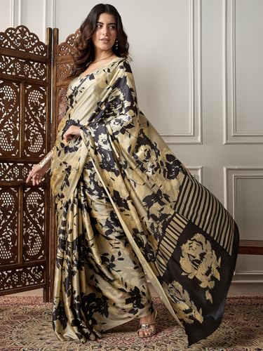 Image of AKHILAM Women's Multicolor Satin Silk Floral Printed Saree With Unstitched Blouse (SATIN1403 RJ11 Parent)