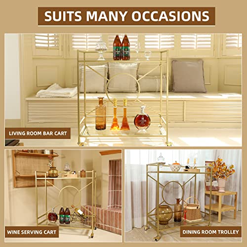 Palama Gold Bar Cart For The Home, Bar Cart Simply Assembled With Only 4 Screws, 2-Tier Snack Cart With 2 Transparent Tempered Glass Shelves, Bar Cart With 2 Lockable Wheels #TOP3