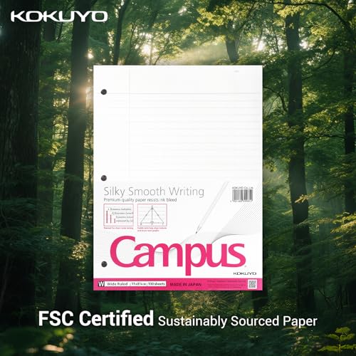 Image of Kokuyo 3 Hole Loose Leaf Paper, 8-1 /4 inchx11 inch Wide Ruled, 100 Sheets, 1 Pack | 3 Hole Punched Filler Papers, Bleed Resistance Notebook Paper, Japanese 70 GSM Smooth Paper for 3 Ring Binder 100 Sheets /Pack