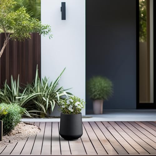 Image of Kante Small Round Curved Black Concrete Planter 9.4 inch Dia, Outdoor | Rubber Plug for Indoor, Drainage for Garden, All-Weather Cement Flower Pot, Handcrafted, Anti-Frost & UV, Modern Home Decor