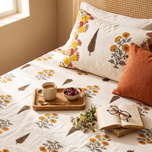 Image of Naksh Bedsheet for Double Bed King Size Floral Print 2 Pillow Covers | Marigold Botanical Bedsheet | Soft Breathable Floral Bedding Set, Ochre Orange | Royal Sajawat Collection |