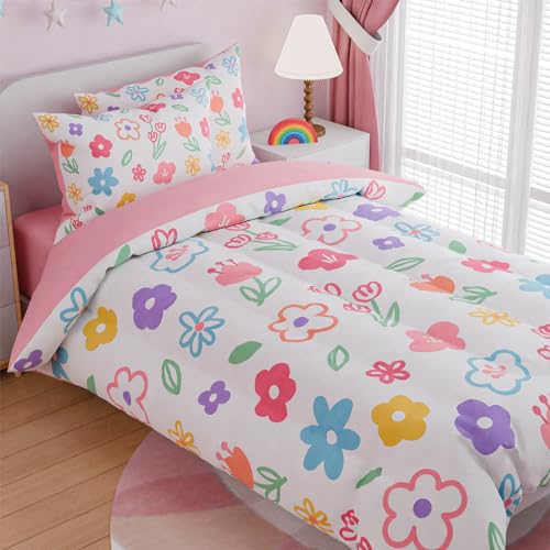 Image of SANDJEST Floral Twin Bedding Sets for Girl, Ultra Soft Microfiber Comforter Bed Set with 3-Pieces, Flower Comforters Sets for Kids Children Girl Teen Tween Bedroom Decor