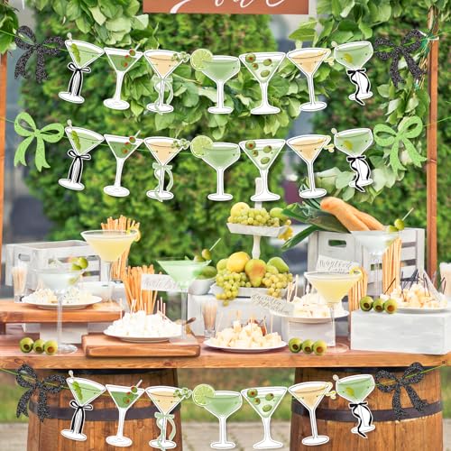 Image of 4Pcs Green Black Martini Bow Party Banner Garland, Pre Strung Martini Glasses Banner, Girls Martini Birthday Decorations, Martini Bachelorette Bridal Shower Tini Bar Party Decor