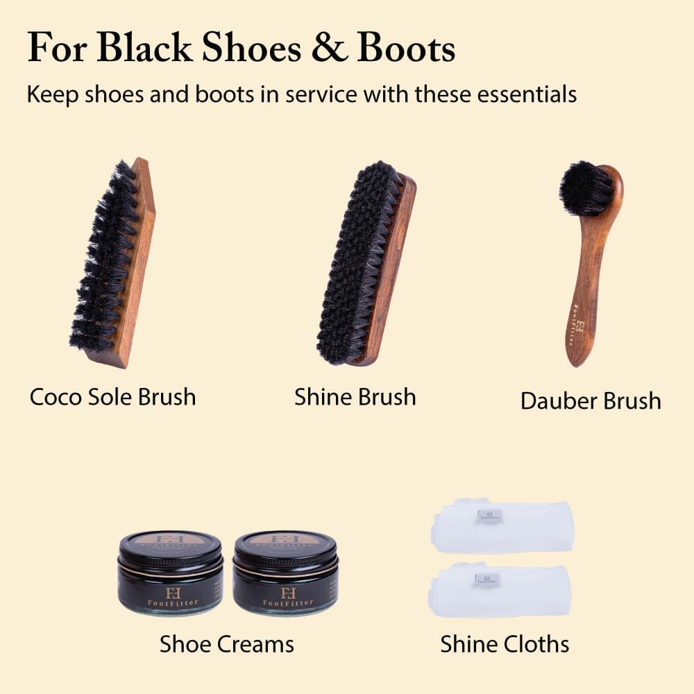 FootFitter Black Leather Restoration Shoe Kit, Black Shoe Cream, Brush & Cleaning Set for Military & Uniformed Service Footwear with Metal Tin