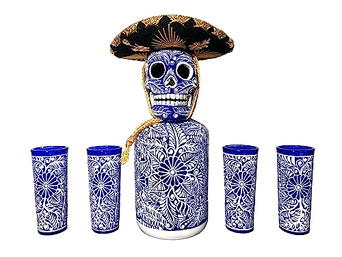 Tequila Decanter Set, Liquor Decanter with Shot Glasses and Mexican Sombrero, Hand-painted Decanter, Skull Decanter, Bar Decoration, Unique Tequila Gift, Gift For Dad (Blue Decanter Set)