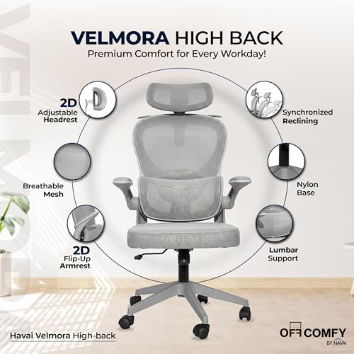 Image of HAVAI Velmora Ergonomic Office Chair | High Back Mesh Chair with Reclining Mechanism, Adjustable Armrest, Headrest & Lumbar Support | Nylon Base & Wheels | Executive /WFH Chair (Grey)