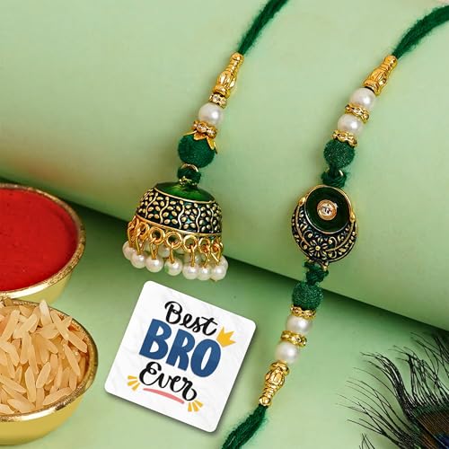 Image of eCraftIndia Green, White, & Golden Meenakari Bhaiya Bhabhi Rakhis Set | Best Bro Ever Fridge Magnet | Roli Chawal Pack | Raksha Bandhan Rakhi for Brother and Bhabhi