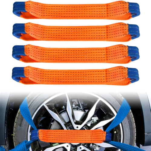 Byfoyif 4PCS Correas de Rueda de Coche, Correas Tensoras para Transporte de Coche Resistente a 5 Toneladas, Correa de Amarre para Rueda 40cm, Cintas de sujeción Auxiliar con Aros para vehículos