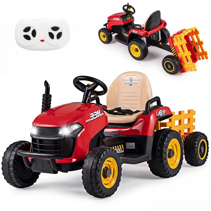 GOPLUS Elektro Traktor für Kinder 24V Traktor mit Anhänger Elektroauto mit Fernbedienung Hupe Schalthebel Musik & LED-Scheinwerfern Elektrofahrzeug Aufsitzauto für Kinder ab 3 Jahren (Rot)