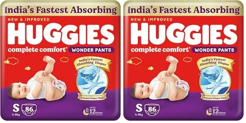 Image of Huggies Complete Comfort Wonder Pants | Pant Style Baby Diapers Small Size (S), 86 Count | India's Fastest Absorbing Diaper, Prevents Diaper Rash, Ideal for 4 to 8 Kgs (Pack of 2)
