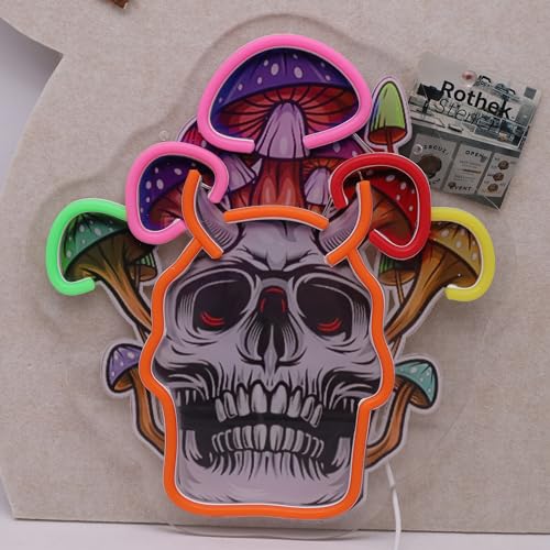 Image of Mushroom Skull Neon Sign For Wall Decor, Colorful UV Printed Neon Light with Retro Design, LED Artwork for Bar, Bedroom, Game Room, Party Decoration Holiday Birthday Gifts