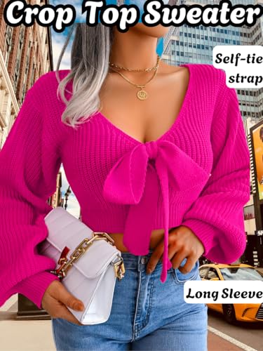 Sexy Deep V Bow Cropped Sweater, Knit Lantern Long Sleeve Crop Top, Cute Fall Outfits for Women Date Casual Going Out2