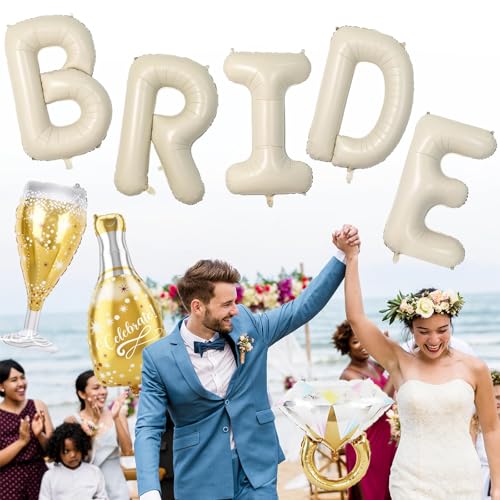 Image of 40inch Bride Balloons Beige Letters Banner, Sand White Bachelorette Party Decorations Set with Diamond Ring Champagne Bottle Balloon Glass Foil Balloon for Nude White Bachelorette Engagement Wedding