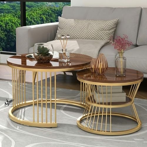 Image of MELVON Lightweight Nesting Coffee Table Set of 2, Golden Frame with Walnut Finish Top, Space Saving Round Center & Side Table for Living Room