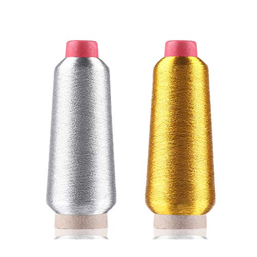 2 Pack Gold & Silver Embroidery Thread Sewing Machine Thread, Cross-Stitch Thread Line Textile Metallic Yarn Woven Line for Embroidery and Decorative Sewing, 3000M/3280 Yards Per Spool