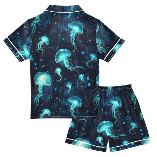 ALAZA Blue Jellyfish Starry Satin Pajamas Set Short Sleeve Button Down Sleepwear Summer Pjs 2 Piece2