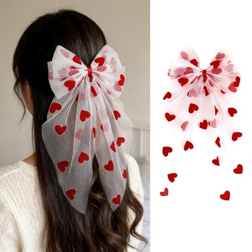 Lazos de cabello Valentine rojo con clip grande con largas colas, malla blanca y corazón rojo, listón de cabello en forma de corazón para mujeres y niñas miniatura 1