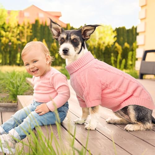 Image of BEAUTYZOO Dog Sweaters for Small Dogs, Knit Clothes with Harness Hole | Turtleneck Pullover Fall Winter Knitwear, Fuzzy Fleece Cold Weather Coat for Girl Boy Puppy, Warm Pet Sweatshirt, Pink S