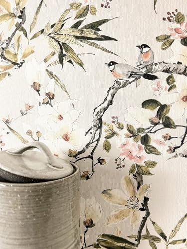 Newroom Papier Peint Intissé Beige Fleurs Magnolias - Floral Vintage Oiseaux Branches Salon Chambre