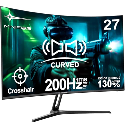 Minifire 27 Inch Gaming Monitor, 200Hz, Full HD 1920x1080 Curved VA Panel, Built in Speaker, Ai Crosshair, 1Ms MPRT, Adaptive Sync, sRGB130%, DCI-P3 95%, VESA 100x100, HDMI1.2&DP1.4, MFG27C1