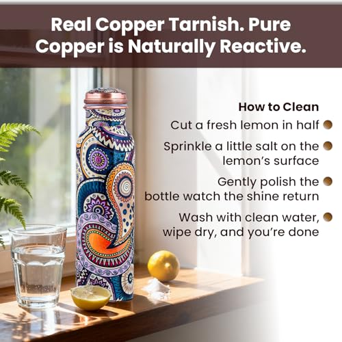 Image of Craft Trade Pure Copper Water Bottle 32 oz / 950ml with Traditional Paisley Ethnic Print | Leak Proof Ayurvedic Healing Copper Flask for Sports, Fitness & Gifting