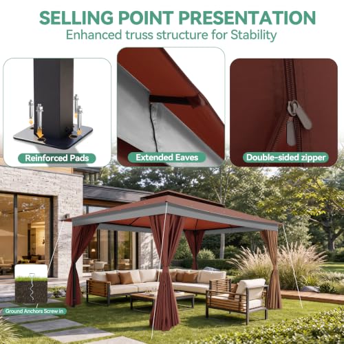 Image of COBIZI 10x15 Outdoor Patio Gazebo with Privacy Curtains, Brown