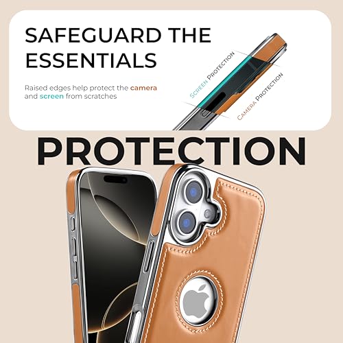 Image of PULOKA Chrome Leather Back Case - Compatible with iPhone 16 - Luxury Bumper Case - Flexible Vegan Leather - Electroplated Sides & Logocut - Full Camera Protetection & Raised Edges - TAN