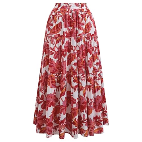 CHICWISH Women Tropical Floral Print Maxi Skirt Elastic Waist Summer Pleated Flowy Casual Vacation Hawaiian Long Skirt