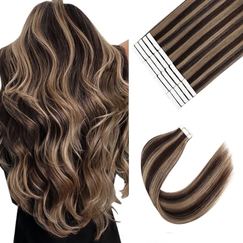 Image of Sixstarhair Tape In Hair Extensions Human Hair Chocolate Brown Highlighted Caramel Blonde Silky Straight Tape In Hair Remy Human Hair Extensions 50 Gram 20 Pcs [P4-27 22inch]