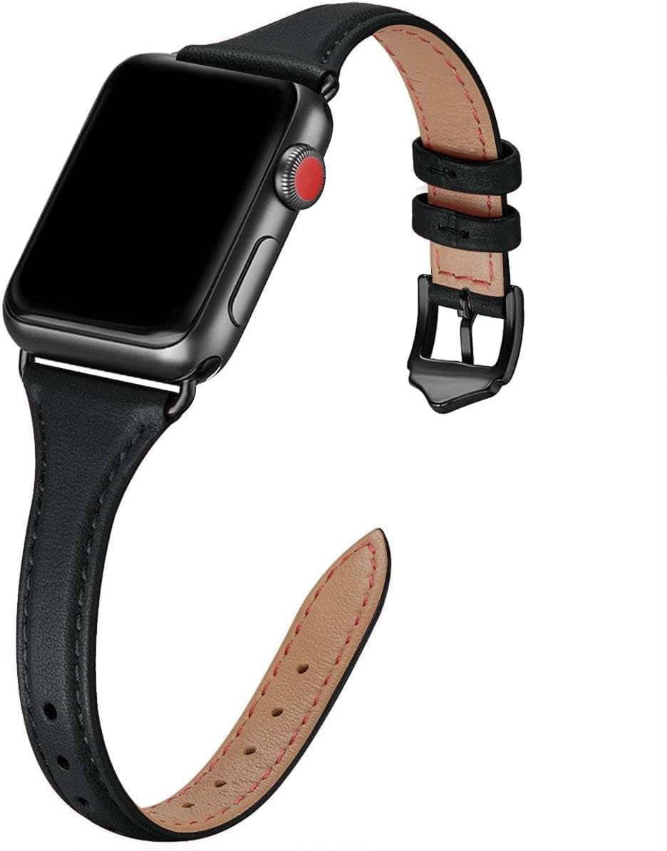 WFEAGL Leather Band Compatible with Apple Watch Strap Women, Genuine Leather Thin Slim Bracelet Bands for iWatch Series 11 SE 10 9 8 7 6 5 4 3 2 1 Ultra (42mm 41mm 40mm 38mm, Black/Black)