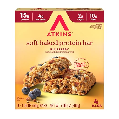 Image of Atkins Soft Baked Protein Bars, Blueberry, 15g Protein, 4g Net Carbs, 2g Sugar, Excellent Source of Fiber, High in Protein, 6 Packs (4 Bars Each)
