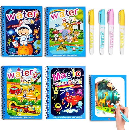 QXNDXQ Libro de colorear con agua, 4 unidades, libro de dibujo de agua, libro mágico para colorear para niños, libros mágicos reutilizables con 4 lápices de agua para niños a partir de 3 jóvenes (1)