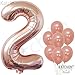 Rose Gold Number 2 Balloon for Birthday - Large 40 Inch | Rose Gold Latex Balloons Pack of 7 | 2nd Birthday Balloons Decorations for Girl | Mylar Number 2 Rose Gold Balloon for Second Birthday Decor