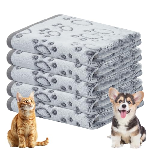 Omtofo 5 Pezzi Lavabile Coperta Per Cani, Morbida E Calda Flanella Copertina Gatto, Adatto A Cani E Gatti Di Piccola E Media Taglia, Graziosa Coperta Cane Con Impronte Di Zampe, Grigio (76×52cm)