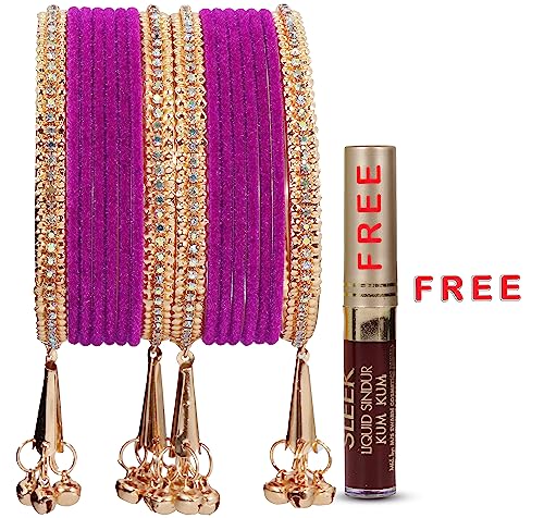Image of NMII Metal with Zircon Gemstone and Velvet Studded Bells Latkan Bangles Set For Girls and Women I Latkan Bangles, Premium Bangle Bracelet Set I Pack of 16 Bangles
