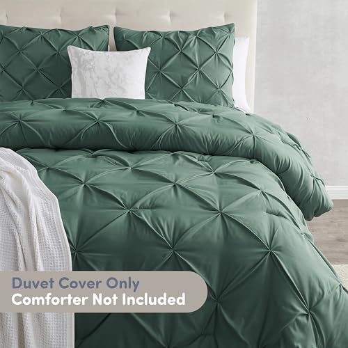 Image of Nestl Forest Green Duvet Cover Queen Size - Soft Double Brushed Duvet Set with Button Closure & Corner Ties, 3 Piece Luxurious Pinch Pleated Duvet Cover Set 90x90 Inches with 2 Pillow Shams