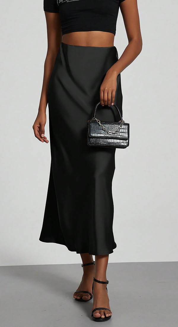 Jupe Longue Femme Jupe Satin Taille Haute Elastique Robe Femme Robe Satin Ligne A Couleur Unie Casual Chic Élégante Soirée