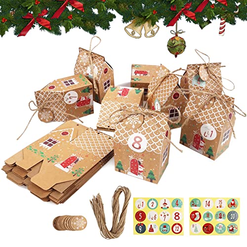 Yisscen Calendrier de L'Avent 2021, 24 Pcs Boite Calendrier de L'Avent Maison, Calendrier de L'Avent à Remplir, Papier Kraft Calendrier de L'Avent DIY avec Etiquettes et Autocollants