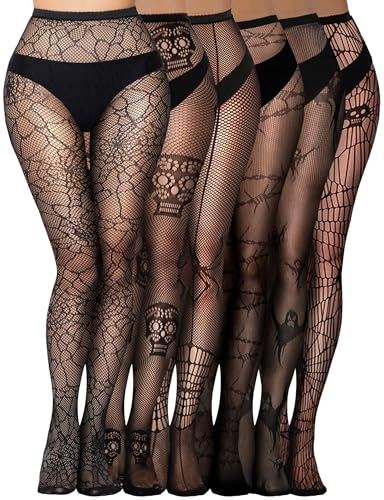 Buauty Womens Patterned Fishnet Tights Lace Black Fish Net Stockings High Waist Floral Pantyhose Gothic Witch Party (6pcs)