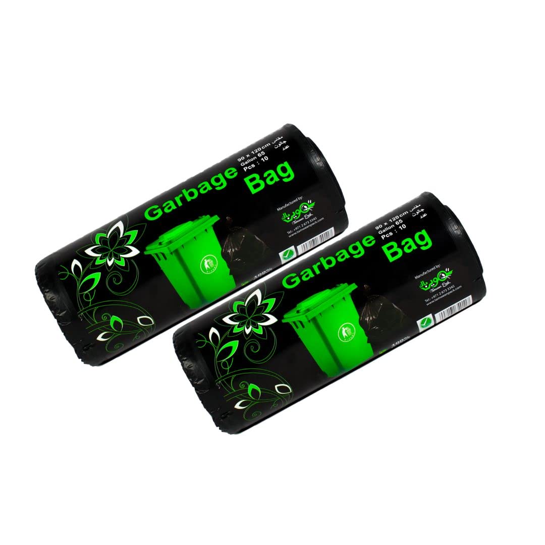Heavy Duty Black Garbage Bags Roll 65 Gallons - 90cm x 120 cm - Pack of 10 Bags x 2 rolls