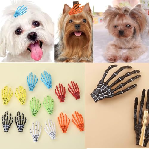 20 Stück (10 Paar) Langhaar-Hundehaar-Accessoires, Totenkopf, Geister-Hand-Schädel, Haarspange für Hunde, Halloween, Yorkie, Malteser, zottelige Hunde, Fellpflege-Zubehör, 10 Farben