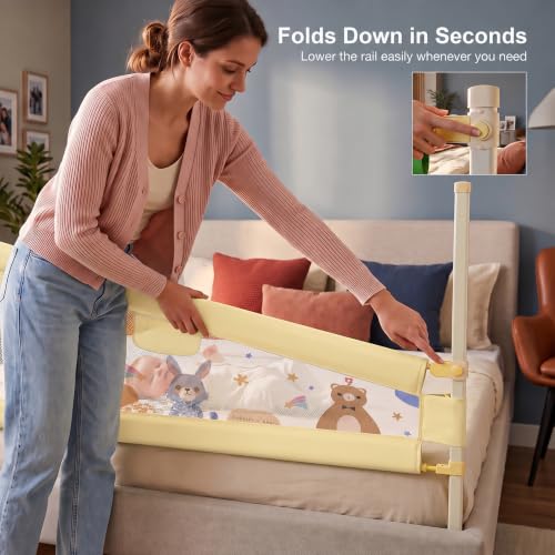 Image of BAYBEE Baby Bed Rail Guard (180x80cm) | Bed Railing for Baby Safety with 28 Height Adjustable Bedside Protector for Babies Falling | Foldable Bed Safety Guard for Kids (1 Side, (Beige)