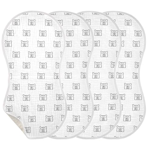 Sketchy Bears Pattern Muslin Baby Burp Cloths - Super Absorbent and Soft Burping Rags - Cotton Burp Clothes Set for Boys and Girls, 4 Pack