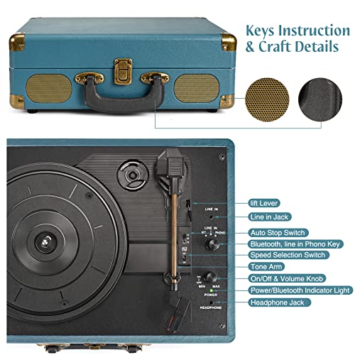 Image of Vinyl Record Player 3-Speed Bluetooth Suitcase Portable Belt-Driven Record Player with Built-in Speakers RCA Line Out AUX in Headphone Jack Vintage Turntable Coral Blue